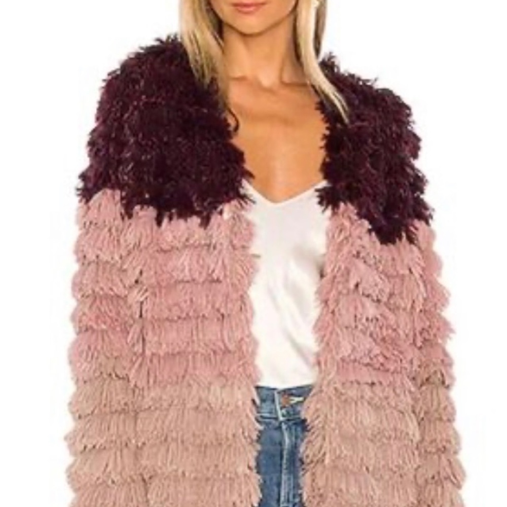 MINKPINK Lost weekend Colorblock Faux Fur Shaggy Jacket Burgundy Blush Size S